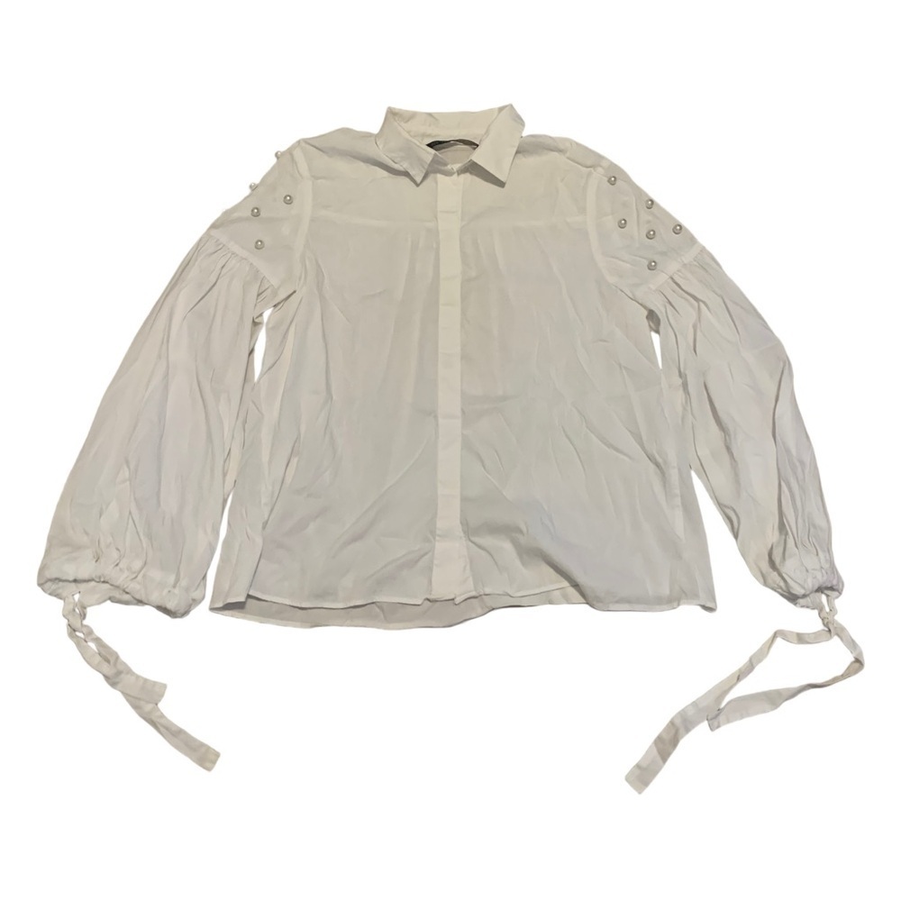 Zara Basic White Blouse with Pearl Embellishments & Tie Cuffs - Size M